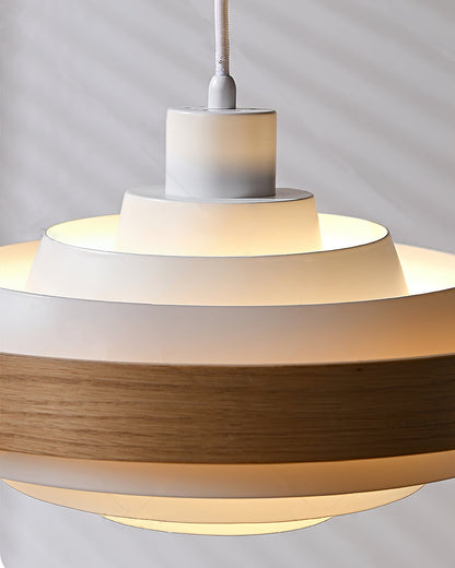 Swing Arm Ceiling Fixture with Layered Wood & Metal Shade – 16 in Diameter – Adjustable for Dining Room Kitchen Island Workspace – E26 Socke