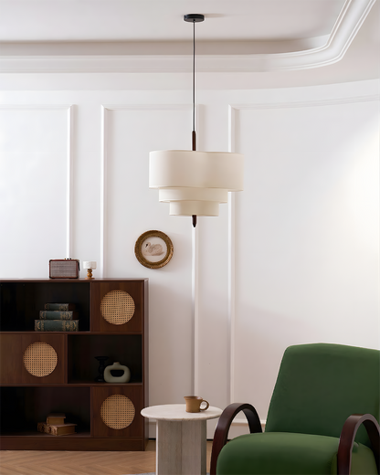 Layered Fabric Chandelier with Wood Accent 3-Light Adjustable Hanging Fixture for Dining Tables & Kitchens Modern Ambient Ceiling Light