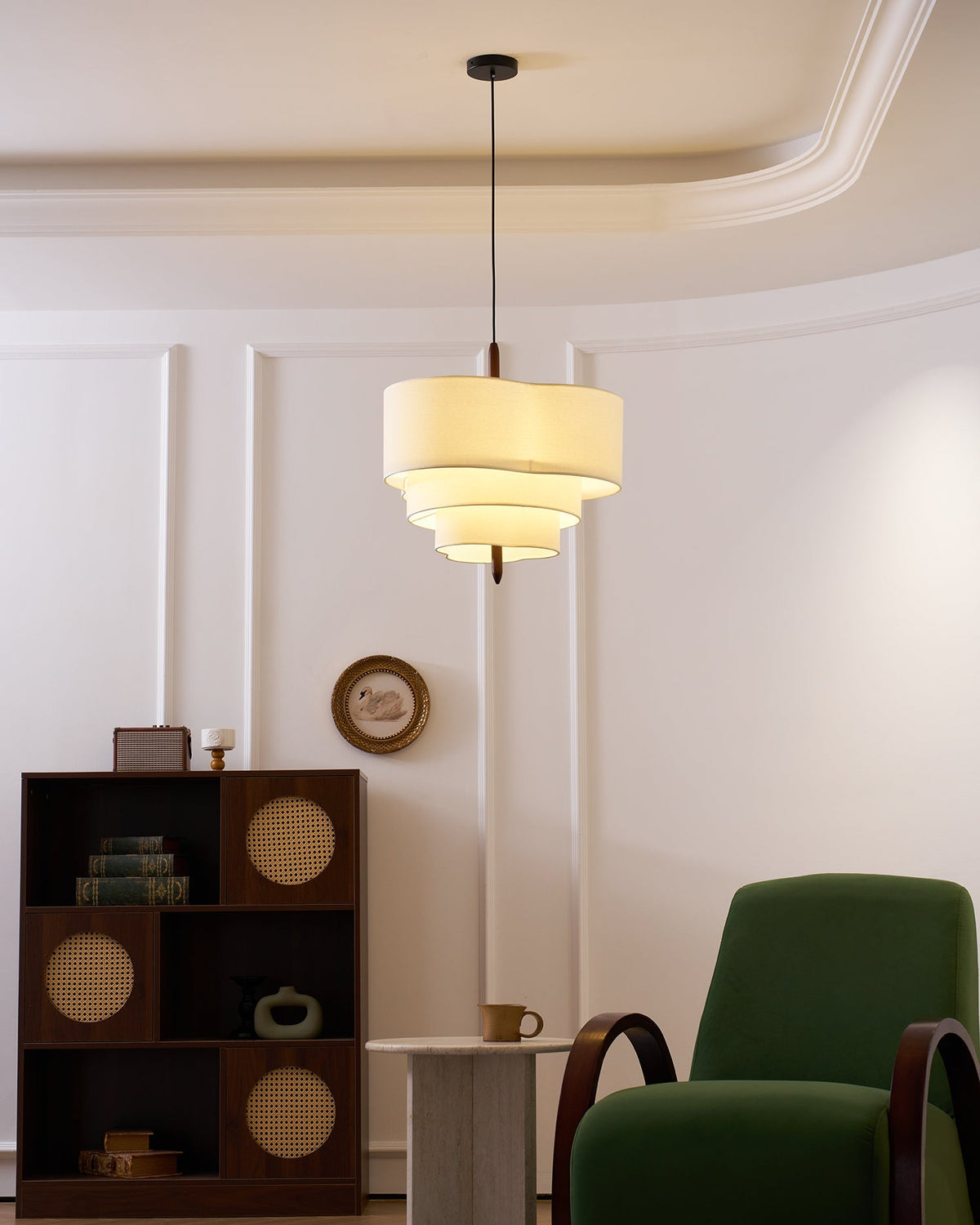 Layered Fabric Chandelier with Wood Accent 3-Light Adjustable Hanging Fixture for Dining Tables & Kitchens Modern Ambient Ceiling Light