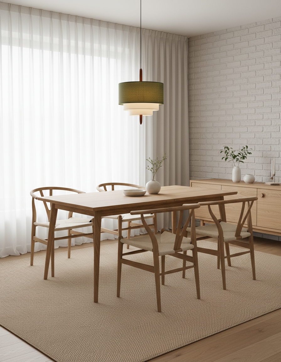 Layered Fabric Chandelier with Wood Accent 3-Light Adjustable Hanging Fixture for Dining Tables & Kitchens Modern Ambient Ceiling Light