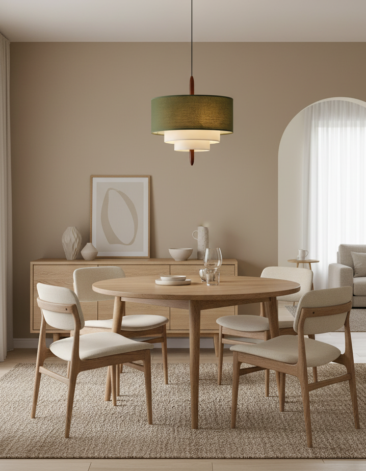 Layered Fabric Chandelier with Wood Accent 3-Light Adjustable Hanging Fixture for Dining Tables & Kitchens Modern Ambient Ceiling Light