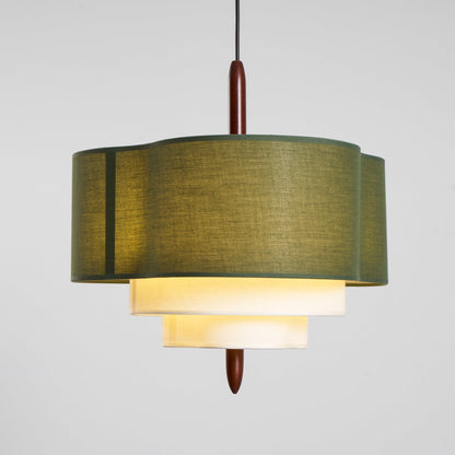 Layered Fabric Chandelier with Wood Accent 3-Light Adjustable Hanging Fixture for Dining Tables & Kitchens Modern Ambient Ceiling Light