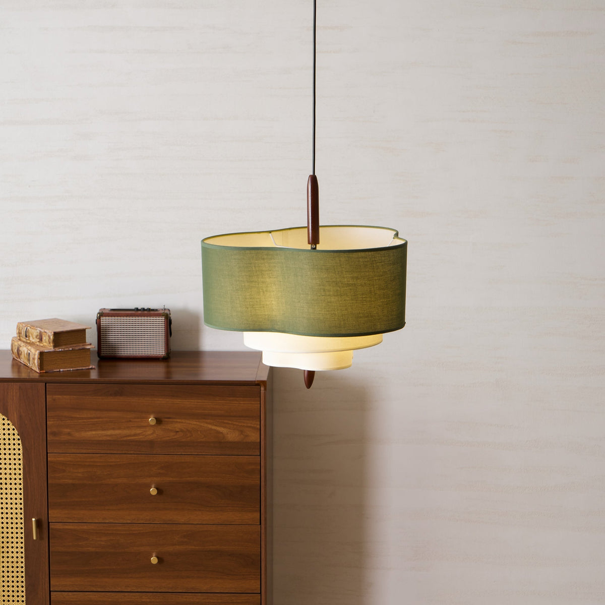 Layered Fabric Chandelier with Wood Accent 3-Light Adjustable Hanging Fixture for Dining Tables & Kitchens Modern Ambient Ceiling Light