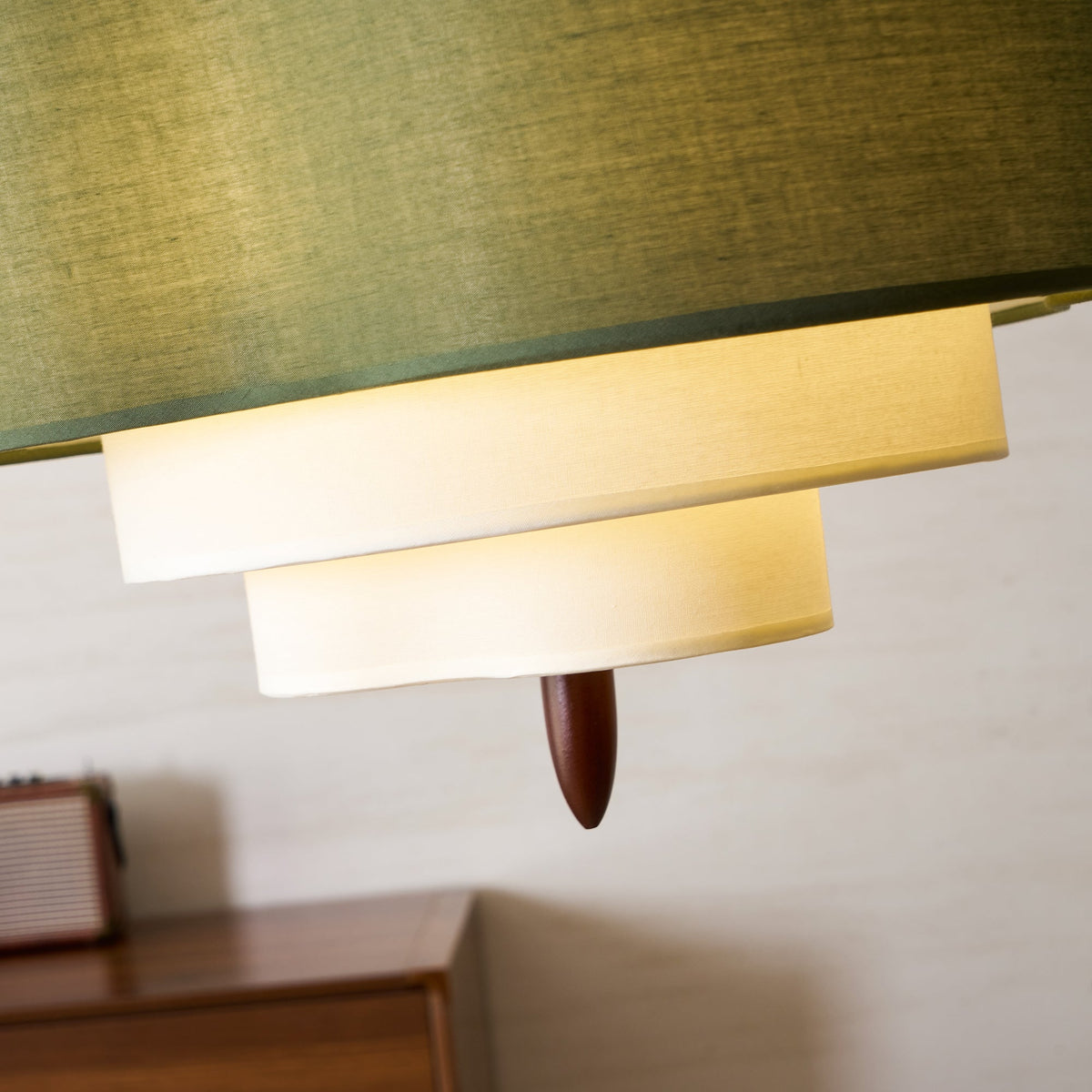 Layered Fabric Chandelier with Wood Accent 3-Light Adjustable Hanging Fixture for Dining Tables & Kitchens Modern Ambient Ceiling Light