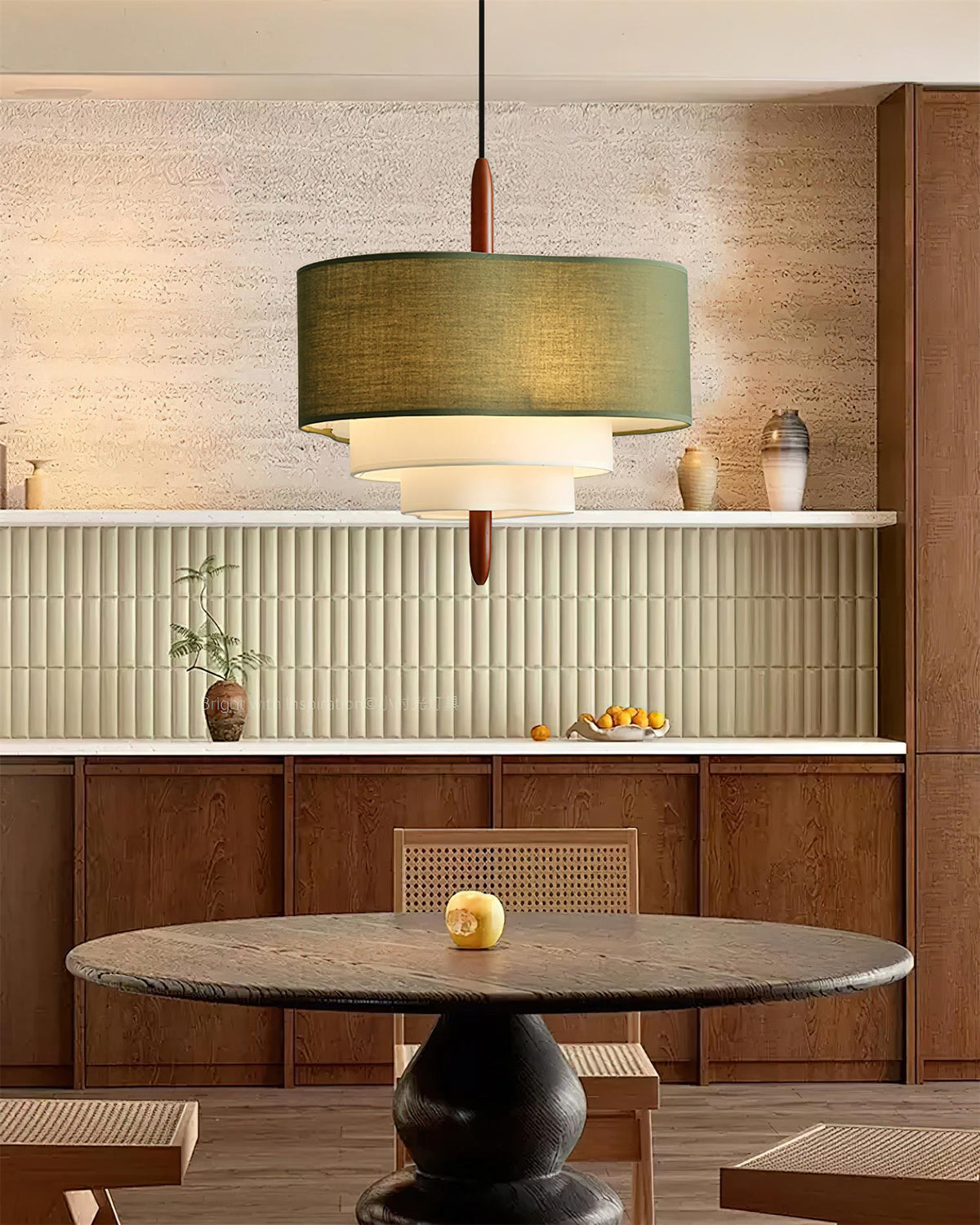 Layered Fabric Chandelier with Wood Accent 3-Light Adjustable Hanging Fixture for Dining Tables & Kitchens Modern Ambient Ceiling Light