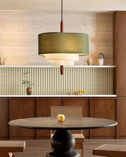 Layered Fabric Chandelier with Wood Accent 3-Light Adjustable Hanging Fixture for Dining Tables & Kitchens Modern Ambient Ceiling Light