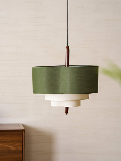 Layered Fabric Chandelier with Wood Accent 3-Light Adjustable Hanging Fixture for Dining Tables & Kitchens Modern Ambient Ceiling Light