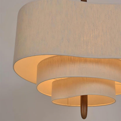 Layered Fabric Chandelier with Wood Accent 3-Light Adjustable Hanging Fixture for Dining Tables & Kitchens Modern Ambient Ceiling Light