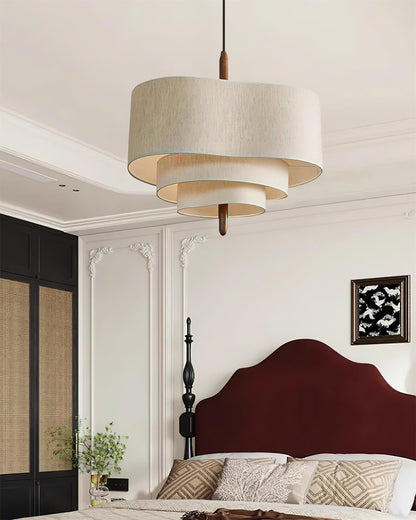 Layered Fabric Chandelier with Wood Accent 3-Light Adjustable Hanging Fixture for Dining Tables & Kitchens Modern Ambient Ceiling Light