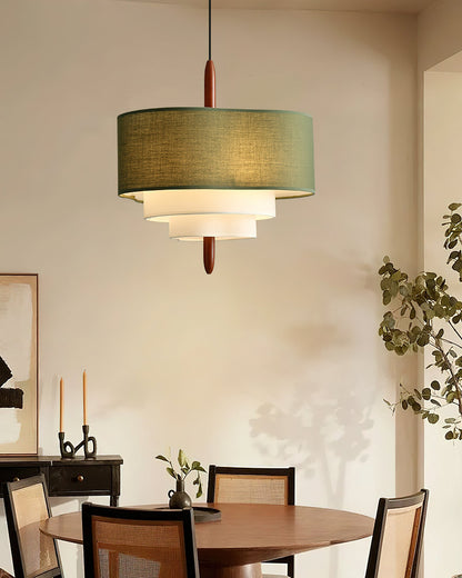 Layered Fabric Chandelier with Wood Accent 3-Light Adjustable Hanging Fixture for Dining Tables & Kitchens Modern Ambient Ceiling Light