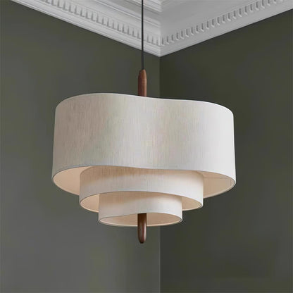 Layered Fabric Chandelier with Wood Accent 3-Light Adjustable Hanging Fixture for Dining Tables & Kitchens Modern Ambient Ceiling Light