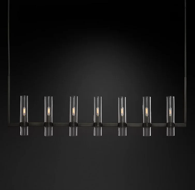 Linear Chandelier with Hand-Blown Glass Shades 59 in – 7-Light Contemporary Metal Fixture for Dining Room & Kitchen