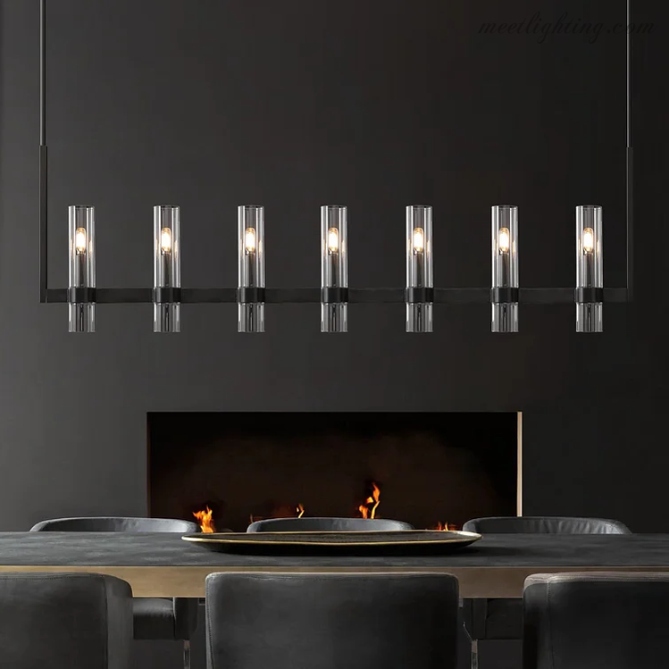 Linear Chandelier with Hand-Blown Glass Shades 59 in – 7-Light Contemporary Metal Fixture for Dining Room & Kitchen