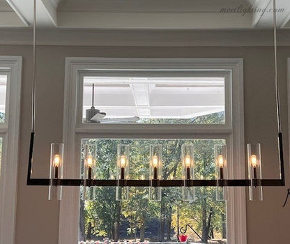 Linear Chandelier with Hand-Blown Glass Shades 59 in – 7-Light Contemporary Metal Fixture for Dining Room & Kitchen