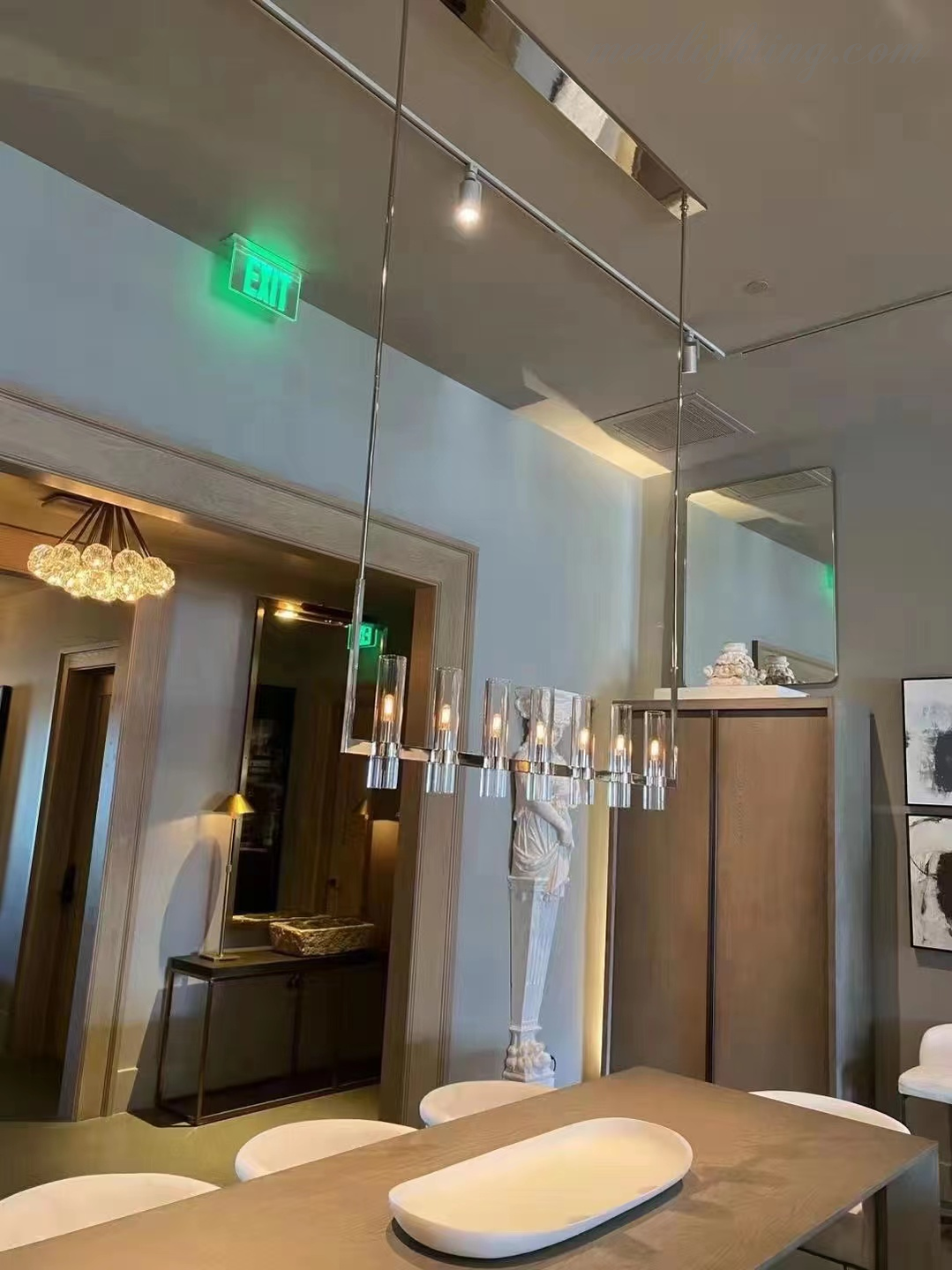 Linear Chandelier with Hand-Blown Glass Shades 59 in – 7-Light Contemporary Metal Fixture for Dining Room & Kitchen