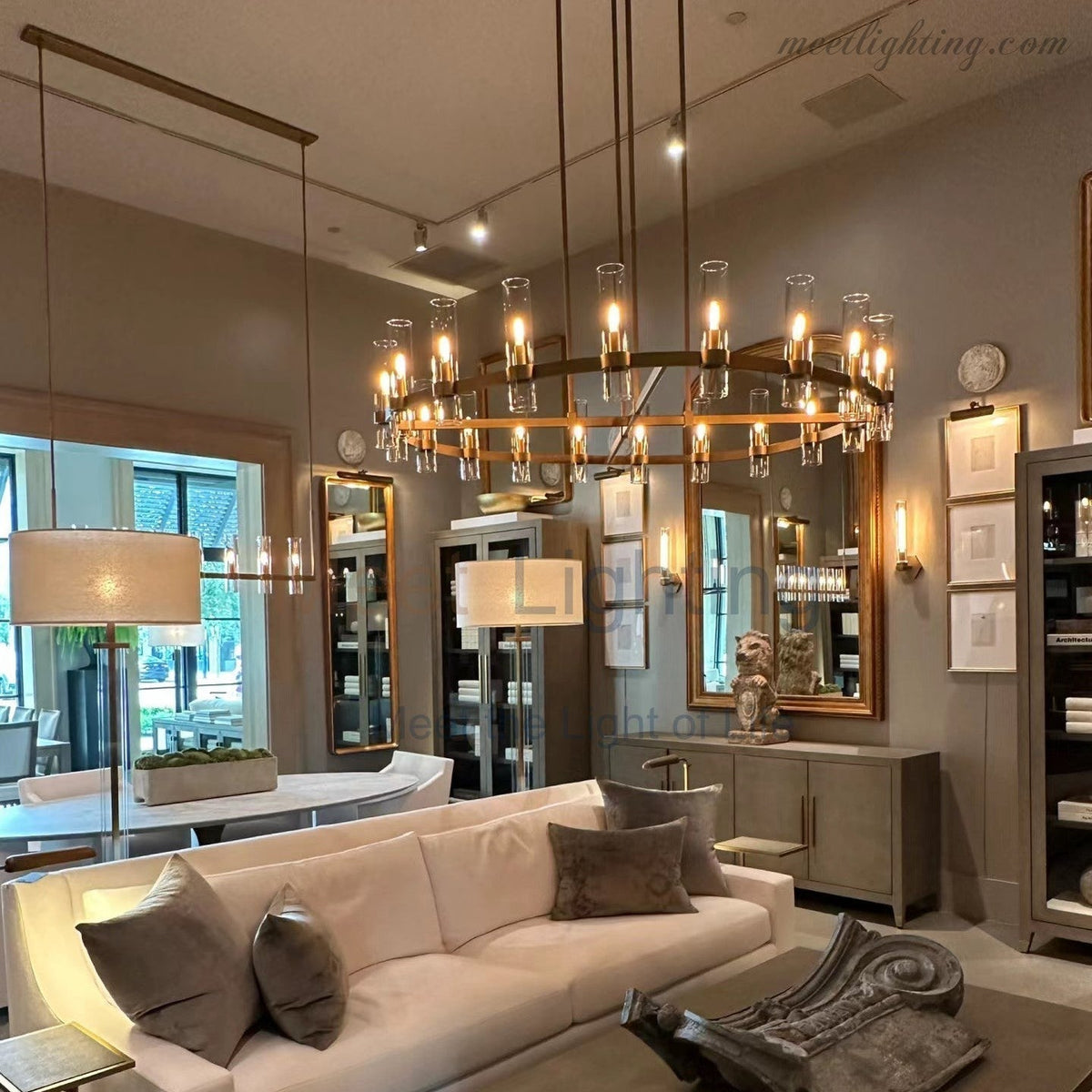 Linear Chandelier with Hand-Blown Glass Shades 59 in – 7-Light Contemporary Metal Fixture for Dining Room & Kitchen