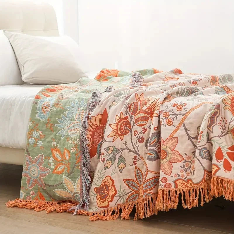 Ravelle Boho Blanket - 100% Cotton, Floral Design with Fringe