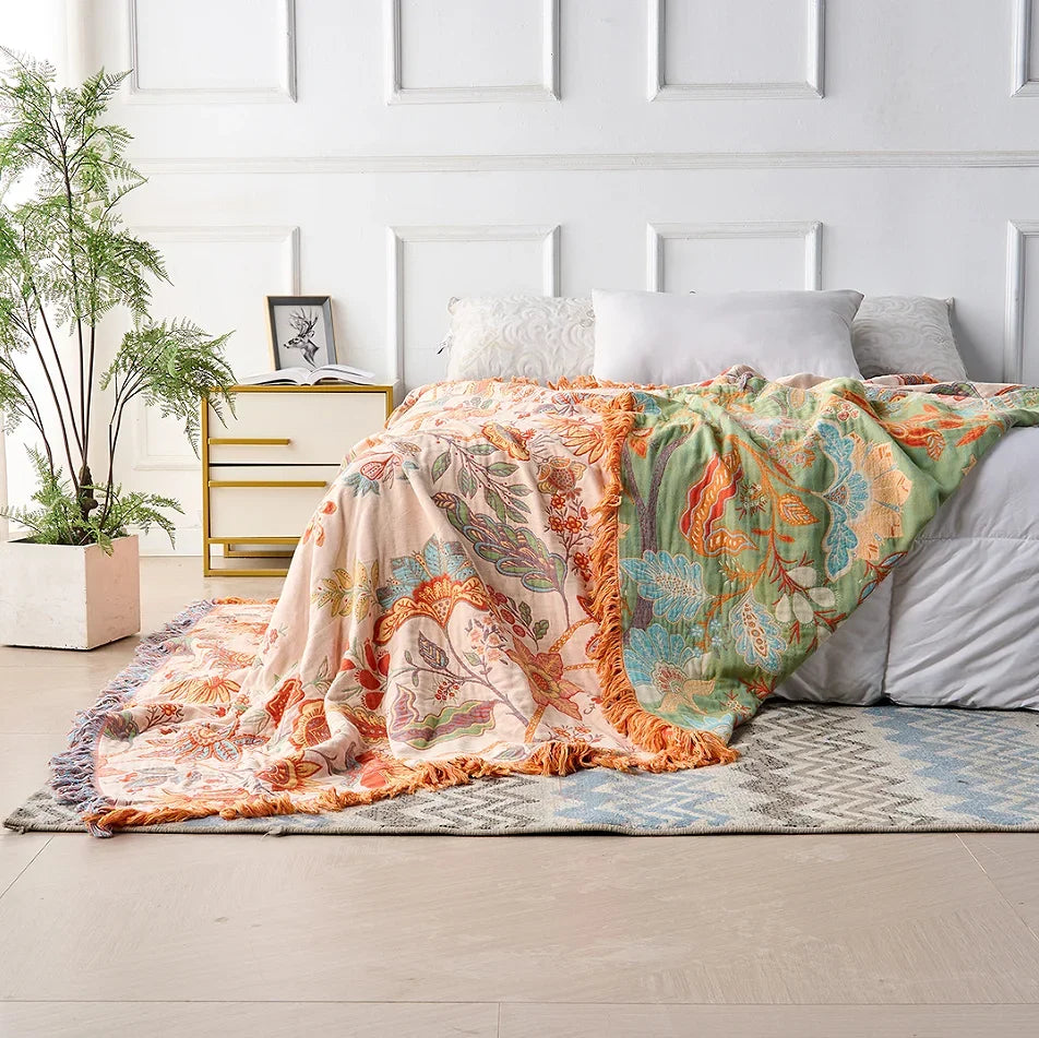 Ravelle Boho Blanket - 100% Cotton, Floral Design with Fringe