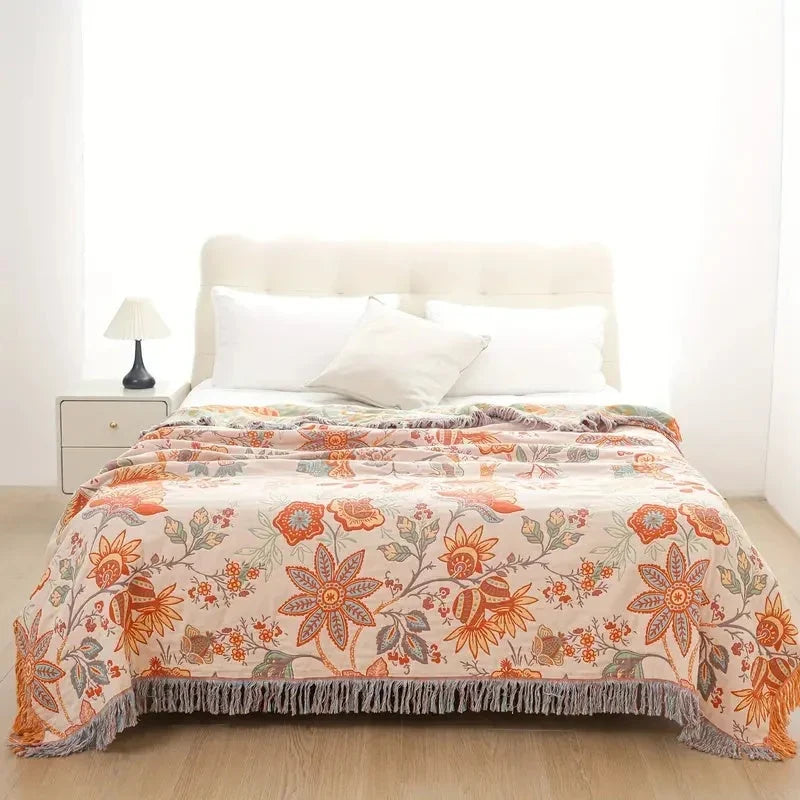 Ravelle Boho Blanket - 100% Cotton, Floral Design with Fringe