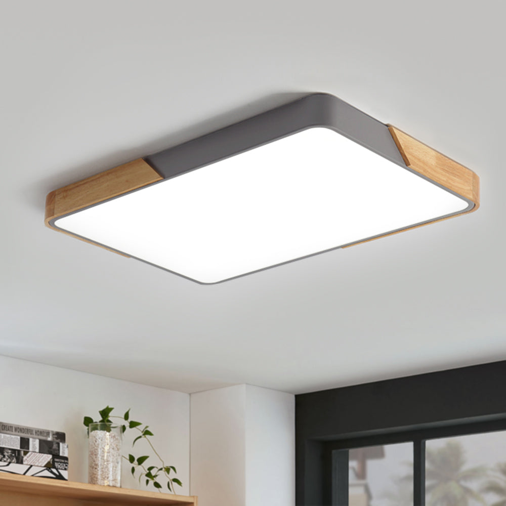 Modern Farmhouse Wood Frame Ceiling Light Fixture - Dimmable LED Low Profile Panel for Kitchen, Living Room, Bedroom - 5 Color