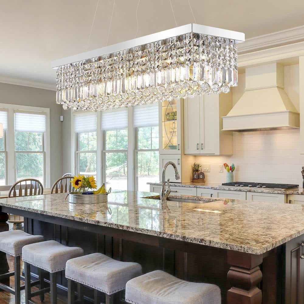 Linear K9 Glass Drop Ceiling Light Fixture for Dining Room & Kitchen – Chrome Finish