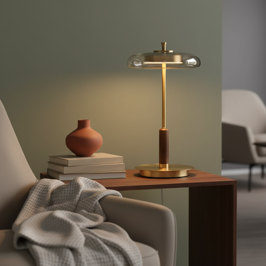 Amber Glass Bedside Lamp with Brass Base 8.6 in Diameter Warm Glow 7W LED Lighting Nightstand Accent for Bedroom Office Contemporary Decorat