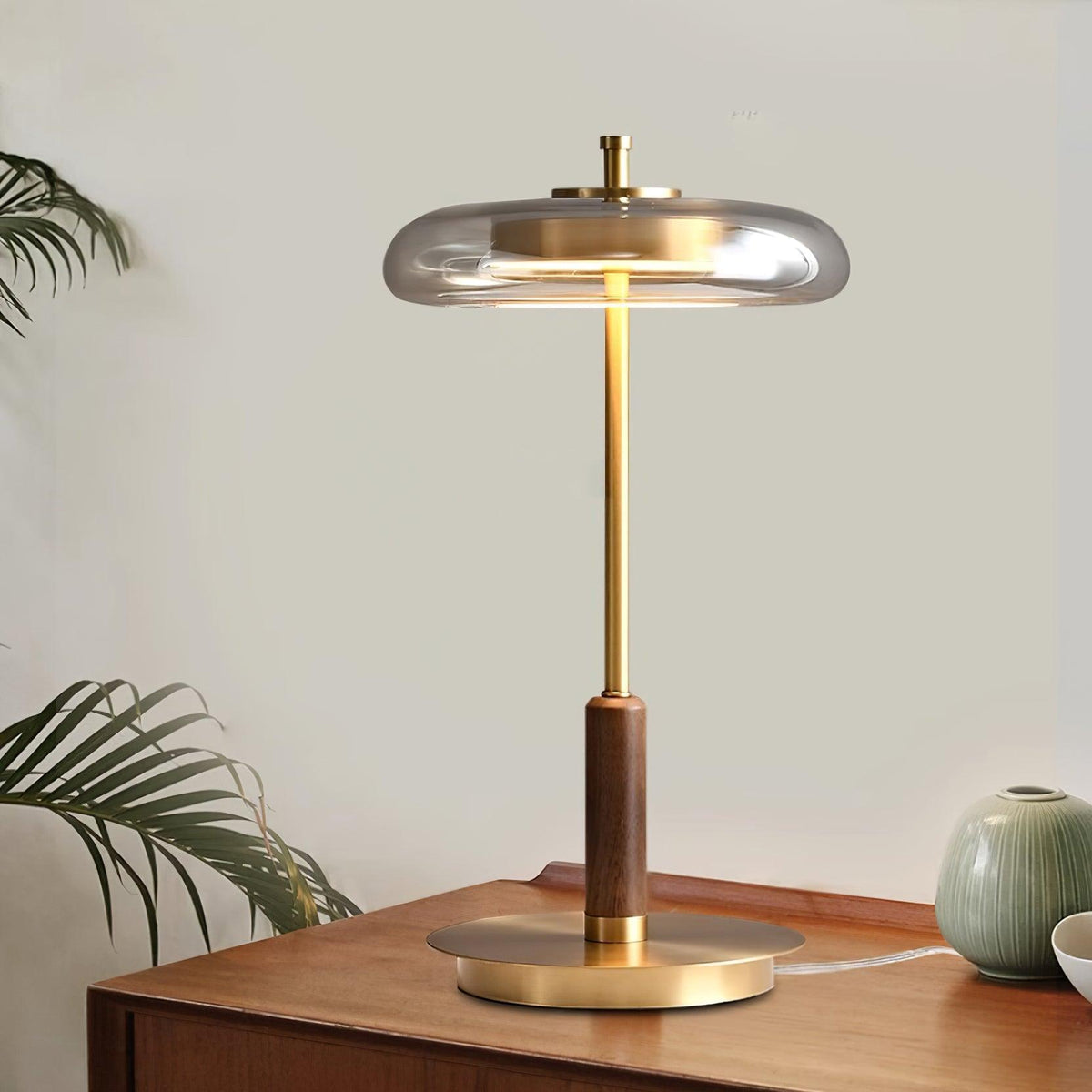 Amber Glass Bedside Lamp with Brass Base 8.6 in Diameter Warm Glow 7W LED Lighting Nightstand Accent for Bedroom Office Contemporary Decorat