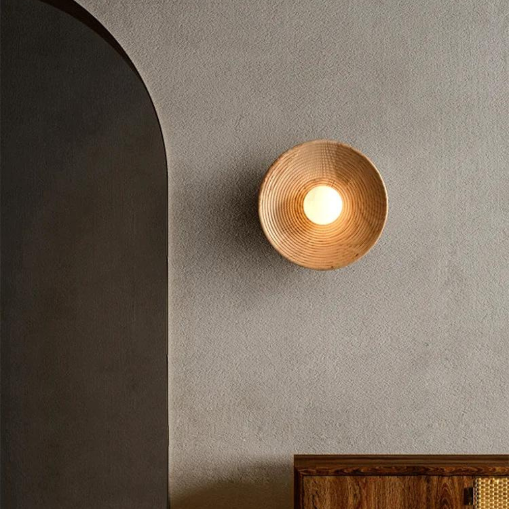 Sconce Light with Glass Globe and Wood Base for Bedrooms, Hallways, Living Rooms – 10.6 in Round Ambient Fixture – Scandinavian Minimalist J