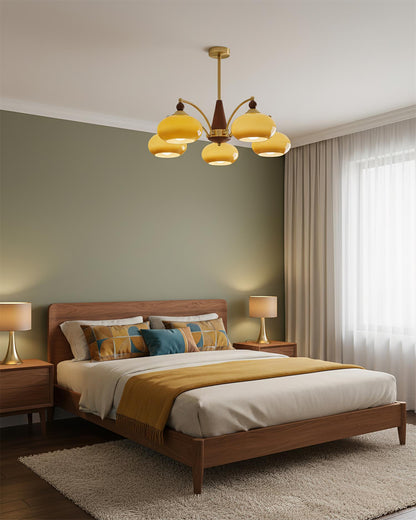Multi-Arm Pendant Light Fixture Wood Brass Glass Shades Adjustable Height Dining Room Living Room Overhead Lighting 3 5 8 Bulb Vintage Indus
