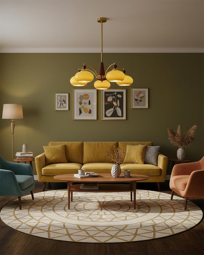 Multi-Arm Pendant Light Fixture Wood Brass Glass Shades Adjustable Height Dining Room Living Room Overhead Lighting 3 5 8 Bulb Vintage Indus