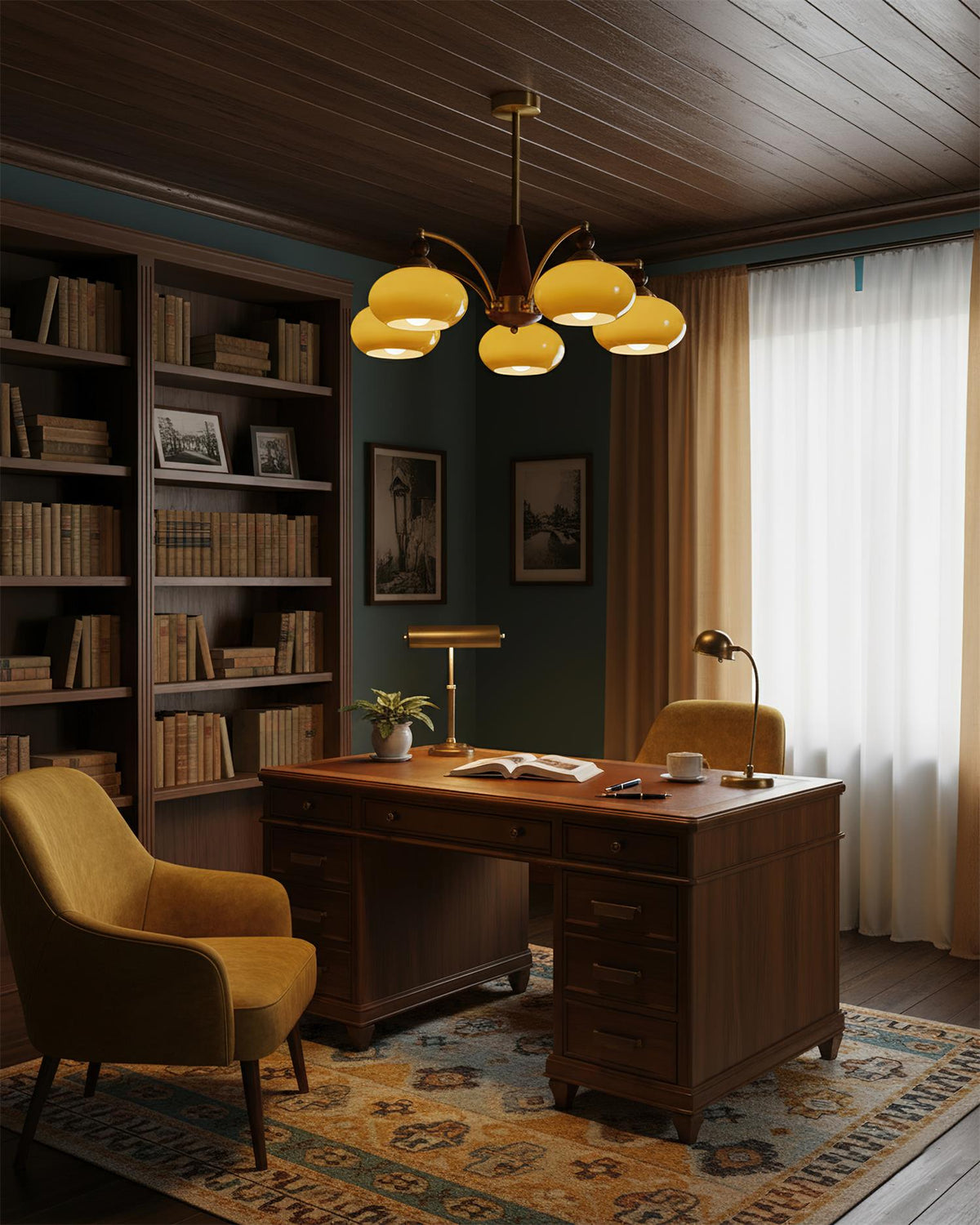 Multi-Arm Pendant Light Fixture Wood Brass Glass Shades Adjustable Height Dining Room Living Room Overhead Lighting 3 5 8 Bulb Vintage Indus