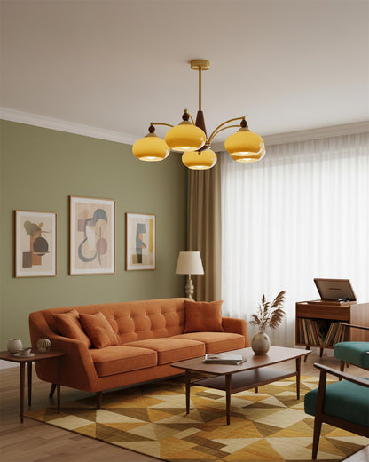 Multi-Arm Pendant Light Fixture Wood Brass Glass Shades Adjustable Height Dining Room Living Room Overhead Lighting 3 5 8 Bulb Vintage Indus