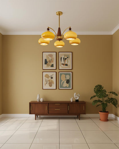 Multi-Arm Pendant Light Fixture Wood Brass Glass Shades Adjustable Height Dining Room Living Room Overhead Lighting 3 5 8 Bulb Vintage Indus