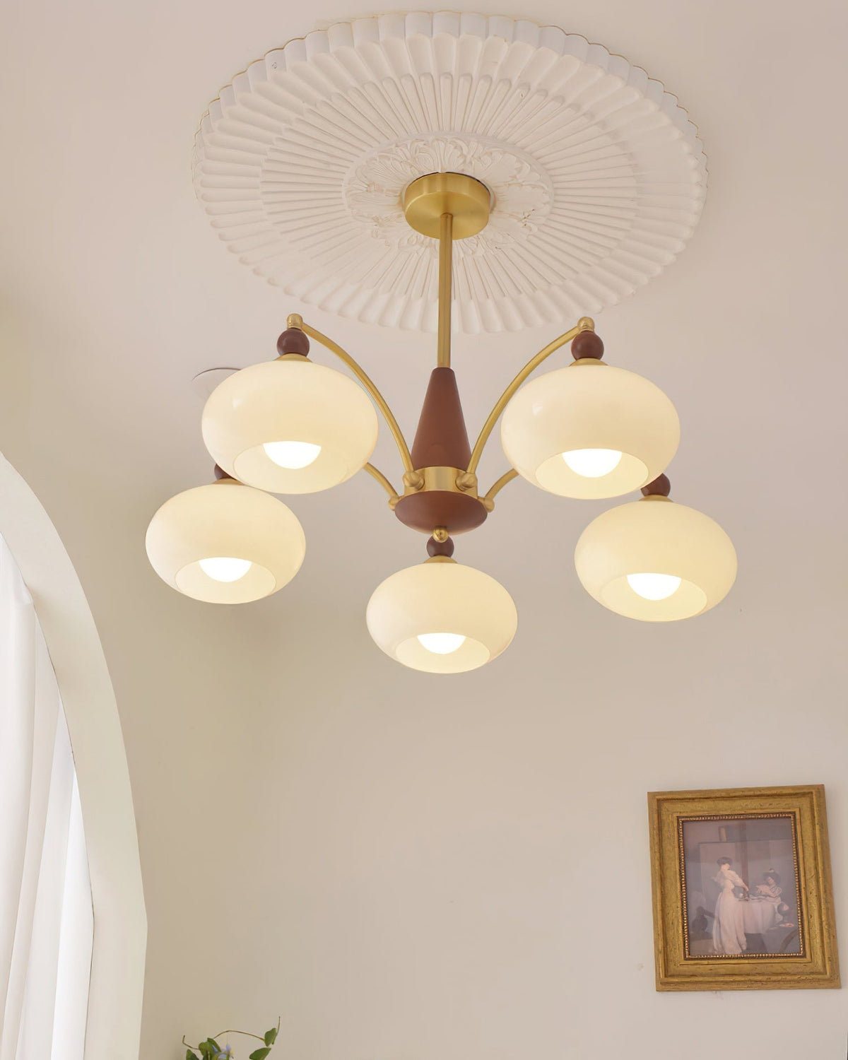 Multi-Arm Pendant Light Fixture Wood Brass Glass Shades Adjustable Height Dining Room Living Room Overhead Lighting 3 5 8 Bulb Vintage Indus