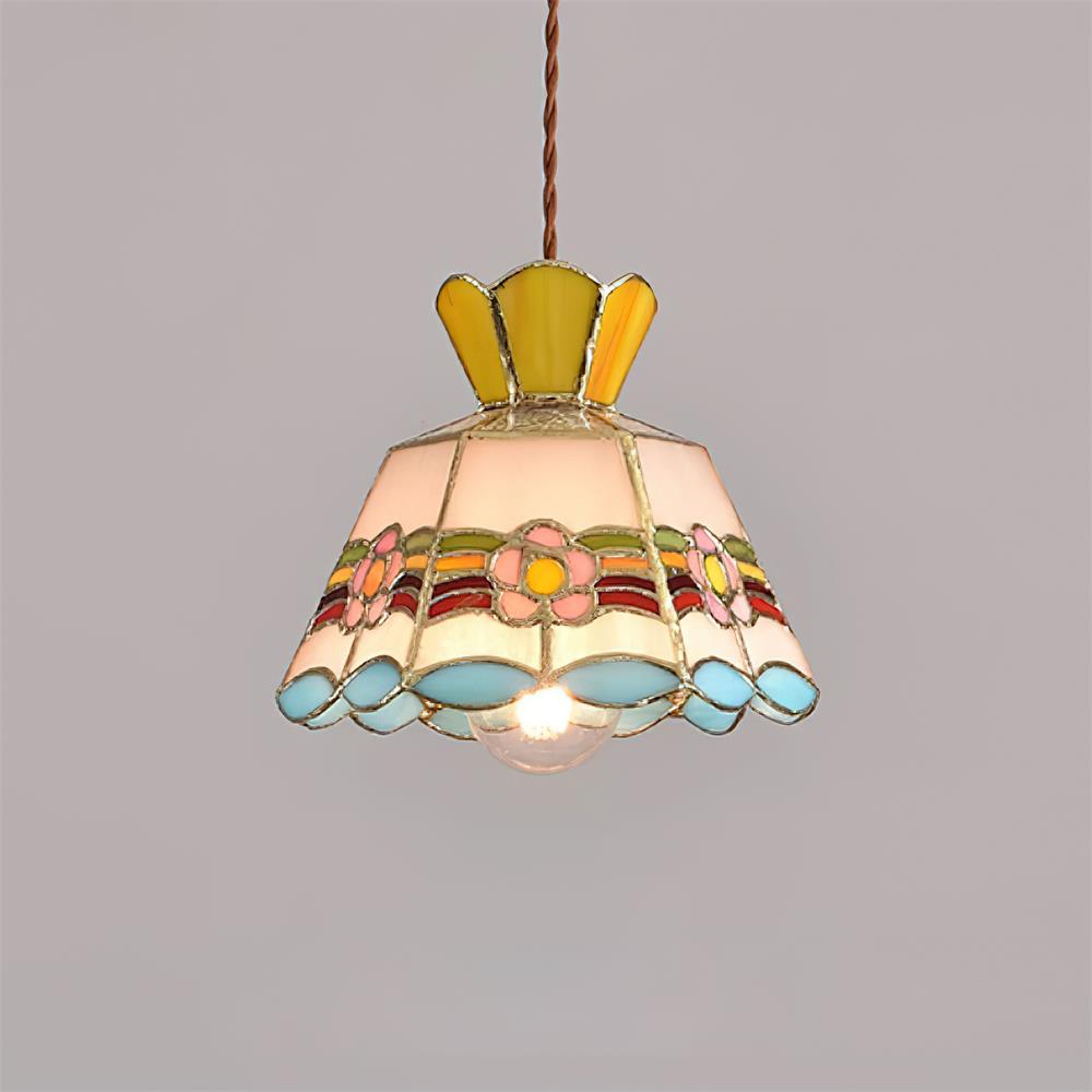 Stained Glass Pendant Light 7.8 Inch Bell Shade Multicolor Floral Fixture Kitchen Island Dining Room Ceiling Lamp Vintage Style Hanging Ligh