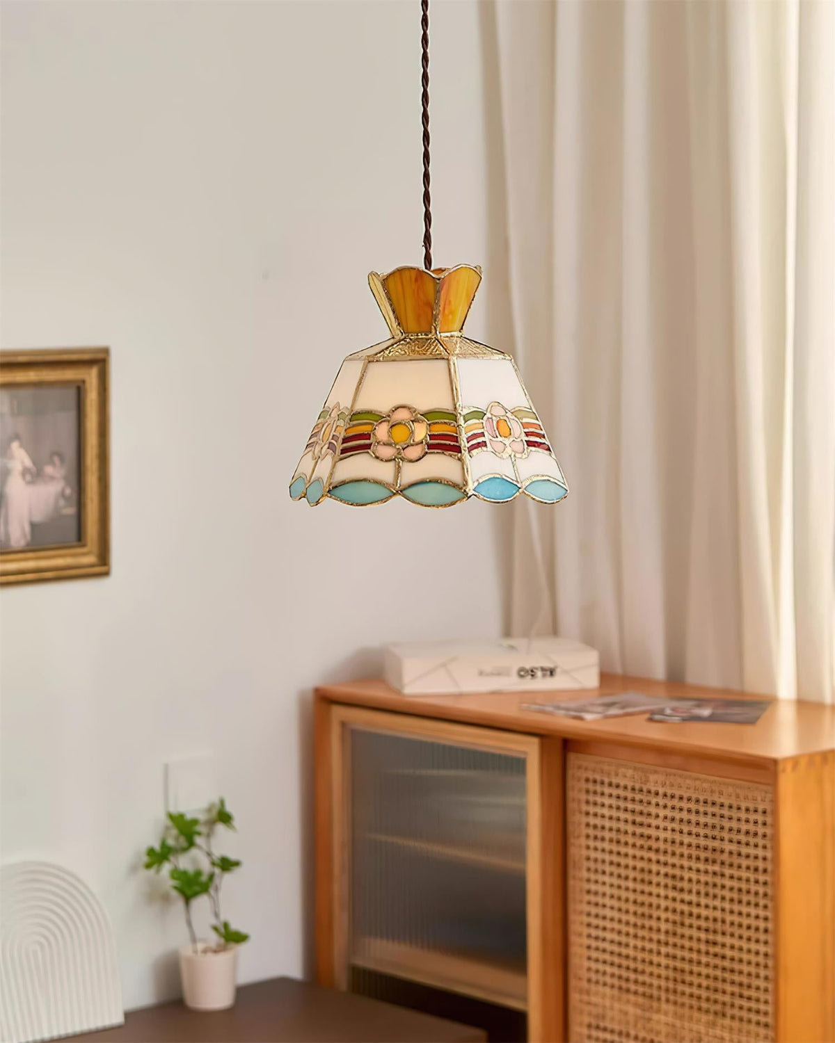 Stained Glass Pendant Light 7.8 Inch Bell Shade Multicolor Floral Fixture Kitchen Island Dining Room Ceiling Lamp Vintage Style Hanging Ligh