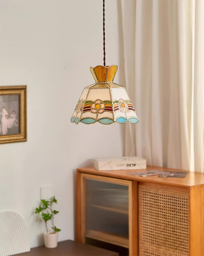 Stained Glass Pendant Light 7.8 Inch Bell Shade Multicolor Floral Fixture Kitchen Island Dining Room Ceiling Lamp Vintage Style Hanging Ligh