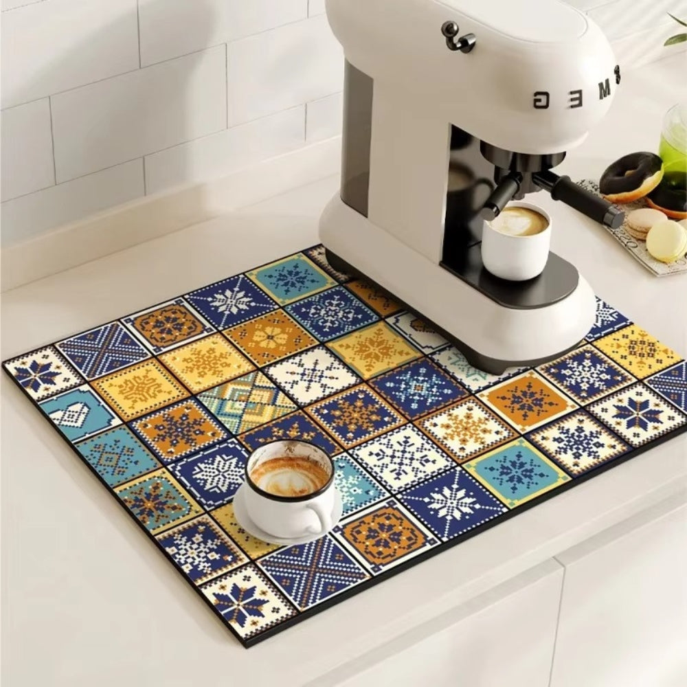 Vintage-Inspired Quick-Dry Kitchen Counter Mat for Coffee Bars, Dish Drying & Sink Areas – Absorbent Non-Slip Rubber Base – Decorative