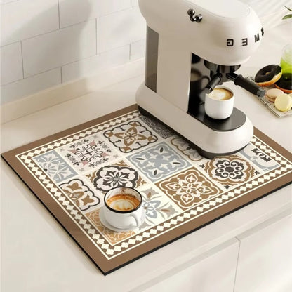 Vintage-Inspired Quick-Dry Kitchen Counter Mat for Coffee Bars, Dish Drying & Sink Areas – Absorbent Non-Slip Rubber Base – Decorative