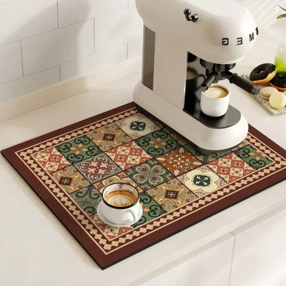 Vintage-Inspired Quick-Dry Kitchen Counter Mat for Coffee Bars, Dish Drying & Sink Areas – Absorbent Non-Slip Rubber Base – Decorative