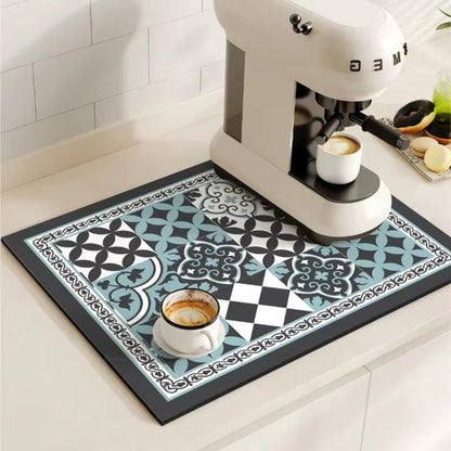Vintage-Inspired Quick-Dry Kitchen Counter Mat for Coffee Bars, Dish Drying & Sink Areas – Absorbent Non-Slip Rubber Base – Decorative
