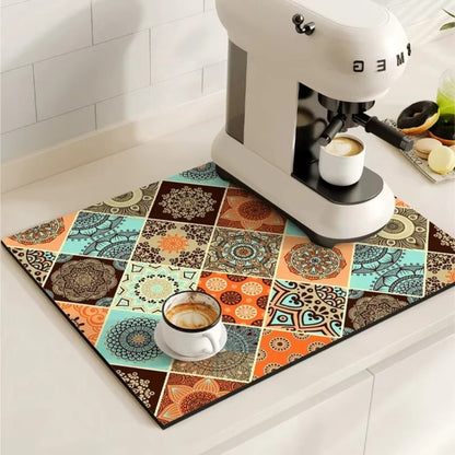 Vintage-Inspired Quick-Dry Kitchen Counter Mat for Coffee Bars, Dish Drying & Sink Areas – Absorbent Non-Slip Rubber Base – Decorative