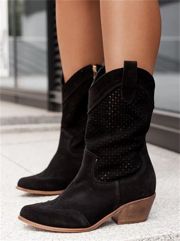 Women's Mid-Calf Leather Western Boots – Cowgirl Style with Cushioned Lining for Everyday Comfort