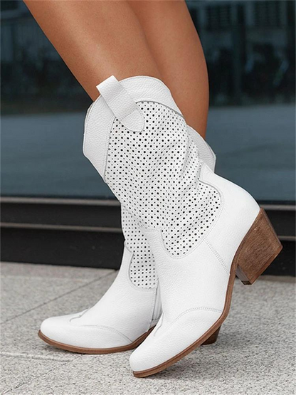 Women's Mid-Calf Leather Western Boots – Cowgirl Style with Cushioned Lining for Everyday Comfort