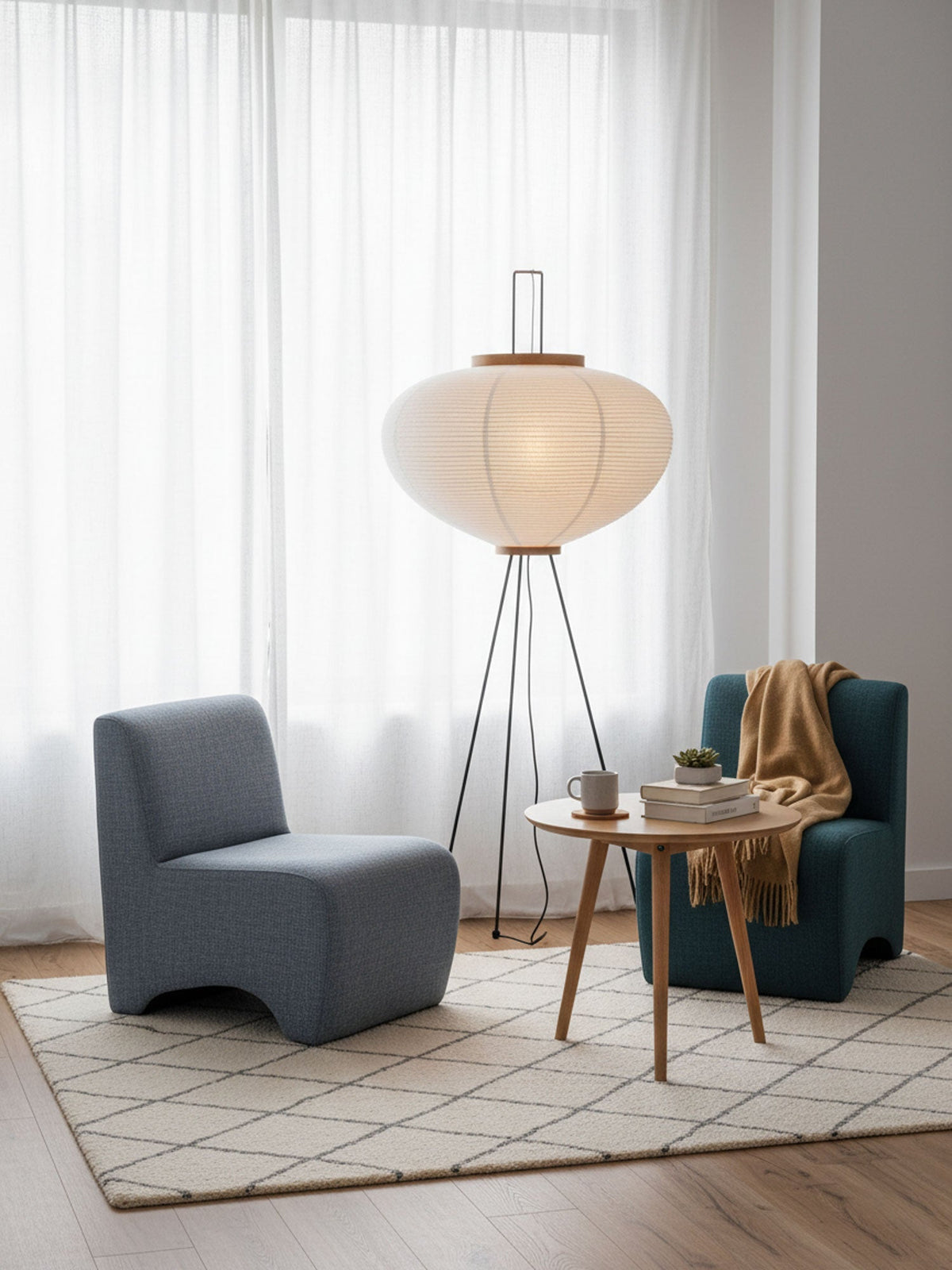 Japanese-Inspired Paper Floor Lamp White Mulberry Shade Tall Standing Light for Living Room Bedroom Reading Nook Sculptural Accent