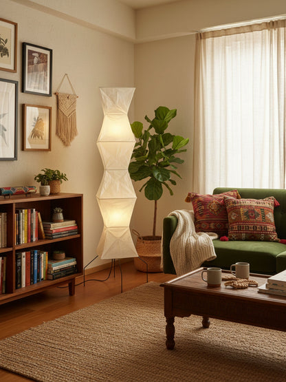 Japanese-Inspired Paper Floor Lamp White Mulberry Shade Tall Standing Light for Living Room Bedroom Reading Nook Sculptural Accent