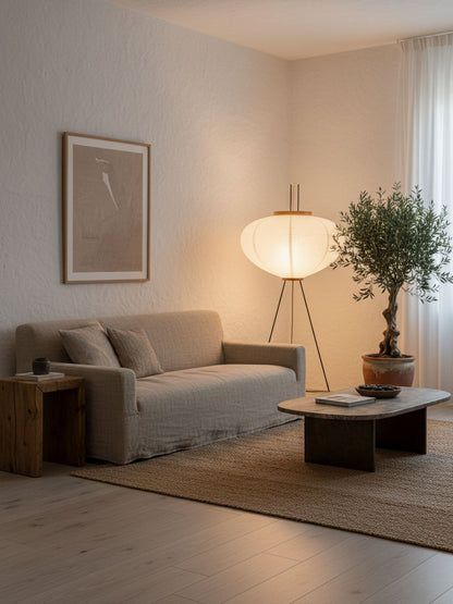 Japanese-Inspired Paper Floor Lamp White Mulberry Shade Tall Standing Light for Living Room Bedroom Reading Nook Sculptural Accent