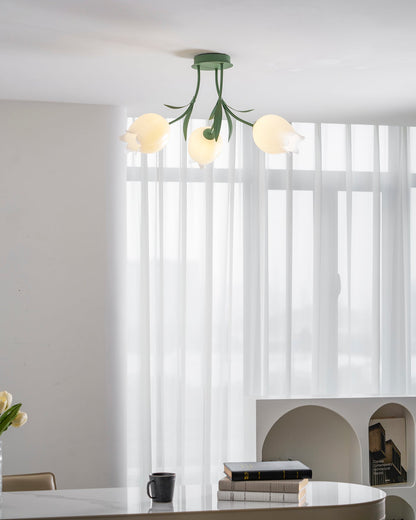 Flush Mount Floral Ceiling Light Fixture with Multi-Head LED Design for Bedroom, Living Room & Bathroom | Green White Acrylic Shades | Dimma