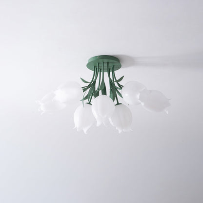 Flush Mount Floral Ceiling Light Fixture with Multi-Head LED Design for Bedroom, Living Room & Bathroom | Green White Acrylic Shades | Dimma