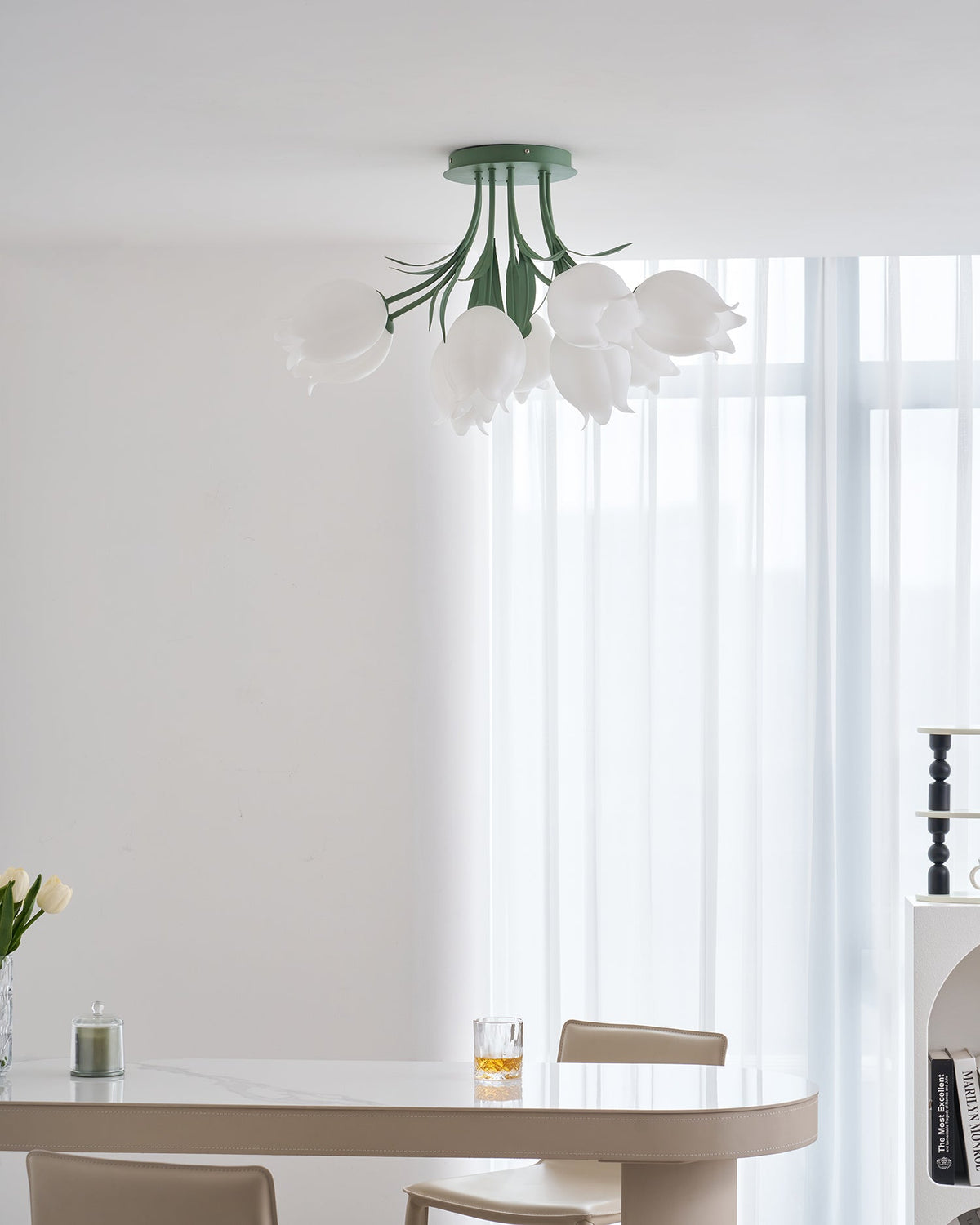 Flush Mount Floral Ceiling Light Fixture with Multi-Head LED Design for Bedroom, Living Room & Bathroom | Green White Acrylic Shades | Dimma
